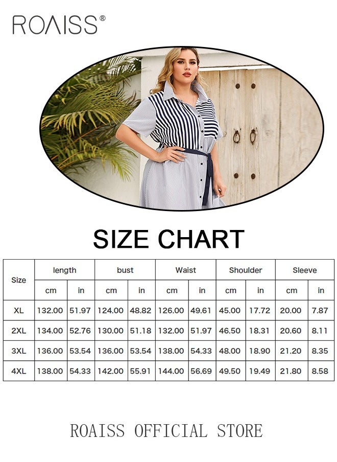 Plus Size Women Striped Shirt Dress Turn Down Collar Waist Tie Mid Length Sleeves Traditional Female Attire Loose Fit Fashionable and Versatile Flattering for Ladies Elegant Temperament Casual Outfit