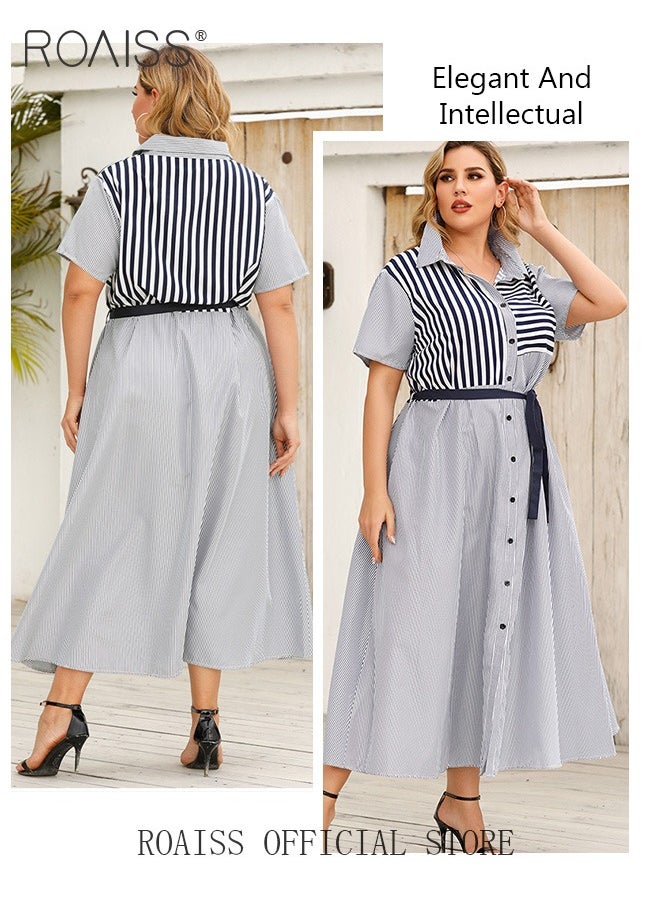 Plus Size Women Striped Shirt Dress Turn Down Collar Waist Tie Mid Length Sleeves Traditional Female Attire Loose Fit Fashionable and Versatile Flattering for Ladies Elegant Temperament Casual Outfit