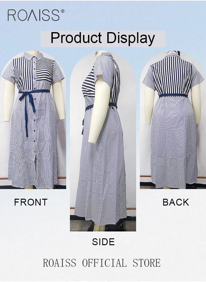 Plus Size Women Striped Shirt Dress Turn Down Collar Waist Tie Mid Length Sleeves Traditional Female Attire Loose Fit Fashionable and Versatile Flattering for Ladies Elegant Temperament Casual Outfit