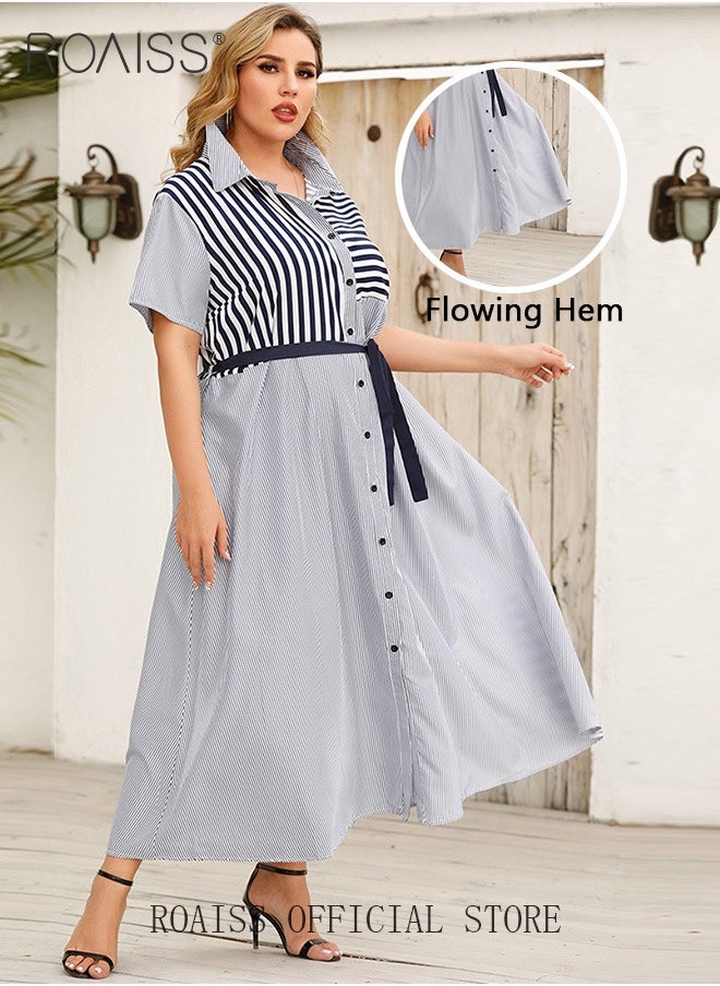 Plus Size Women Striped Shirt Dress Turn Down Collar Waist Tie Mid Length Sleeves Traditional Female Attire Loose Fit Fashionable and Versatile Flattering for Ladies Elegant Temperament Casual Outfit