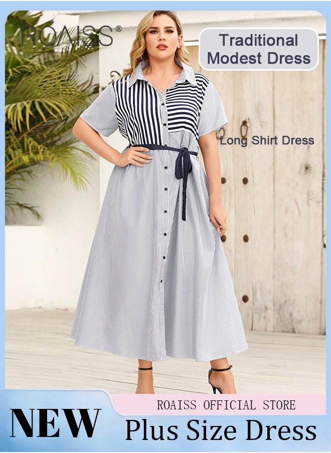 Plus Size Women Striped Shirt Dress Turn Down Collar Waist Tie Mid Length Sleeves Traditional Female Attire Loose Fit Fashionable and Versatile Flattering for Ladies Elegant Temperament Casual Outfit