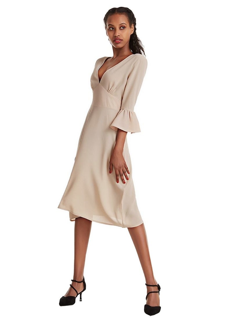Women's Solid Color V Neck Flare Sleeve Midi Dress Khaki