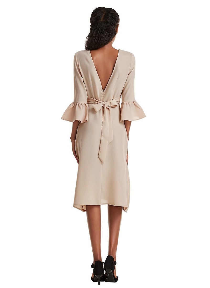 Women's Solid Color V Neck Flare Sleeve Midi Dress Khaki