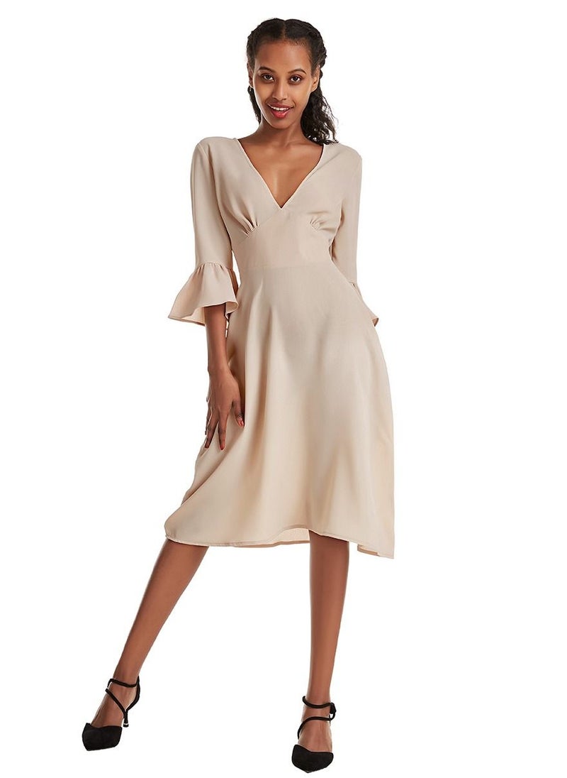 Women's Solid Color V Neck Flare Sleeve Midi Dress Khaki