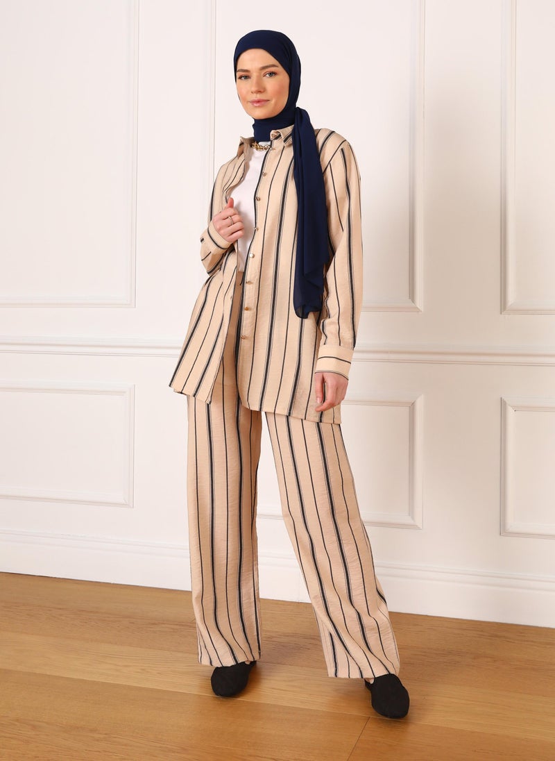 Beige - Black - Navy Blue Striped - Stripe - Suit - Refka