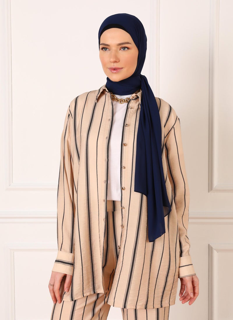 Beige - Black - Navy Blue Striped - Stripe - Suit - Refka