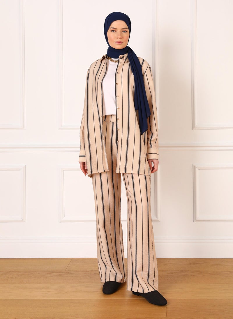Beige - Black - Navy Blue Striped - Stripe - Suit - Refka