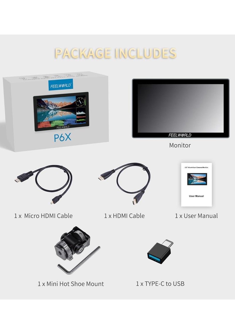 FEELWORLD P6X 5.5 Inch Aluminium DSLR Camera Field Monitor Touch Screen 4K HDMI