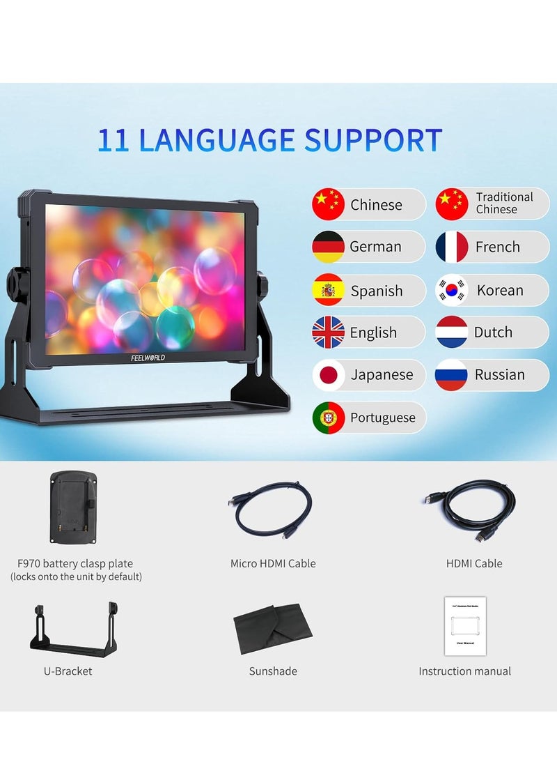 FEELWORLD T10 10.1-Inch Camera Field Monitor with Touchscreen, Supports 4K HDMI 60Hz, 3D LUT, 1920x1080 Resolution, HDR, Waveform, NP-F970 External Installation, Aluminum Alloy Shell
