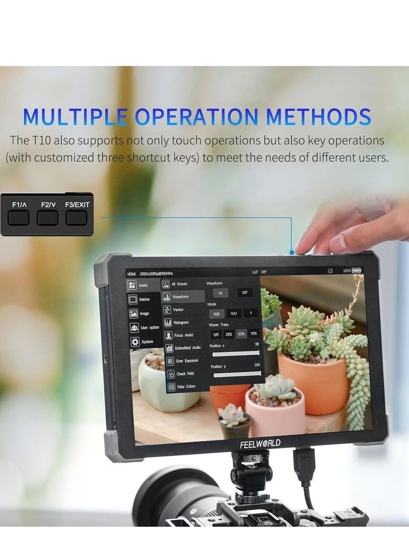 FEELWORLD T10 10.1-Inch Camera Field Monitor with Touchscreen, Supports 4K HDMI 60Hz, 3D LUT, 1920x1080 Resolution, HDR, Waveform, NP-F970 External Installation, Aluminum Alloy Shell