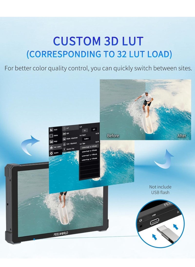 FEELWORLD T10 10.1-Inch Camera Field Monitor with Touchscreen, Supports 4K HDMI 60Hz, 3D LUT, 1920x1080 Resolution, HDR, Waveform, NP-F970 External Installation, Aluminum Alloy Shell