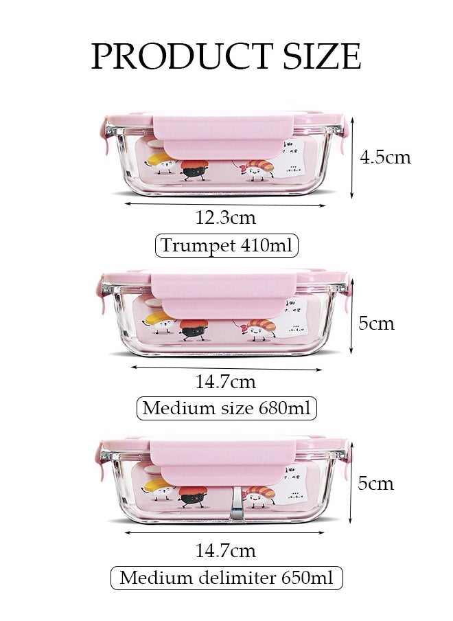 3 Pieces Glass Kitchen Meal Preparation Container, Glass Meal Boxes, Glass Bowls 410ml, 680ml, 650ml, Refrigerator Frozen Food Sealed Preservation Box, Microwave Heating Glass Meal Box, Pink Color