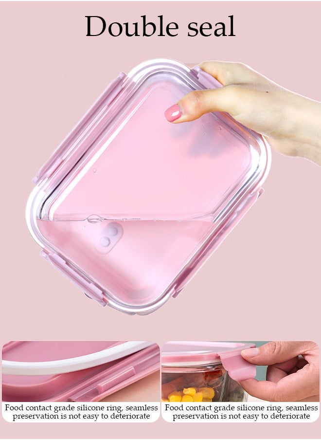 3 Pieces Glass Kitchen Meal Preparation Container, Glass Meal Boxes, Glass Bowls 410ml, 680ml, 650ml, Refrigerator Frozen Food Sealed Preservation Box, Microwave Heating Glass Meal Box, Pink Color