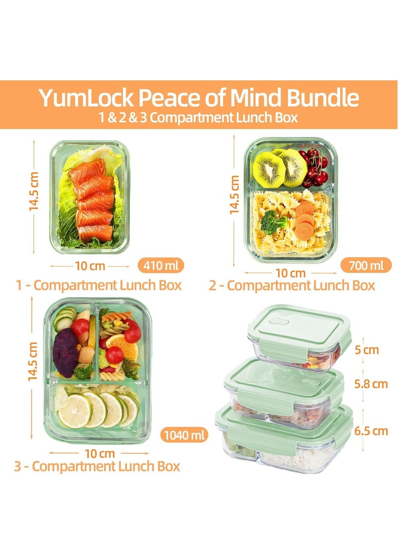 3 pieces glass kitchen meal preparation containers, 410ml, 650ml,960ml with durable lock lids, meal preparation containers, children's and adult glass bento boxes