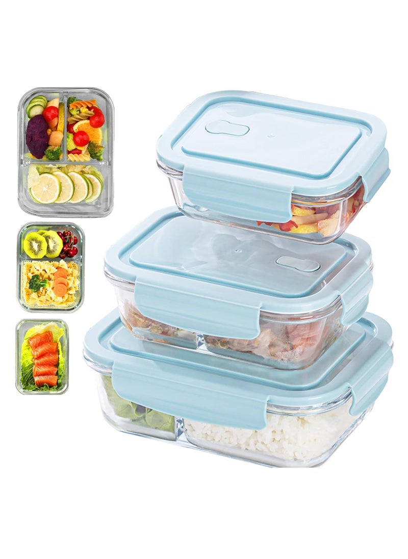 3 pieces glass kitchen meal preparation containers, 410ml, 650ml,960ml with durable lock lids, meal preparation containers, children's and adult glass bento boxes