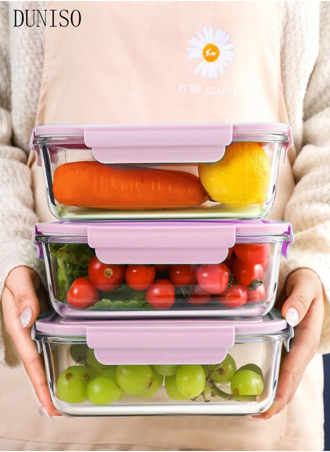 3 Pieces Glass Kitchen Meal Preparation Container, Glass Meal Boxes, Glass Bowls 410ml, 680ml, 1040ml, Refrigerator Frozen Food Sealed Preservation Box, Microwave Heating Glass Meal Box, Pink Color