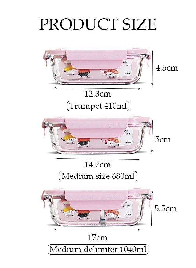 3 Pieces Glass Kitchen Meal Preparation Container, Glass Meal Boxes, Glass Bowls 410ml, 680ml, 1040ml, Refrigerator Frozen Food Sealed Preservation Box, Microwave Heating Glass Meal Box, Pink Color