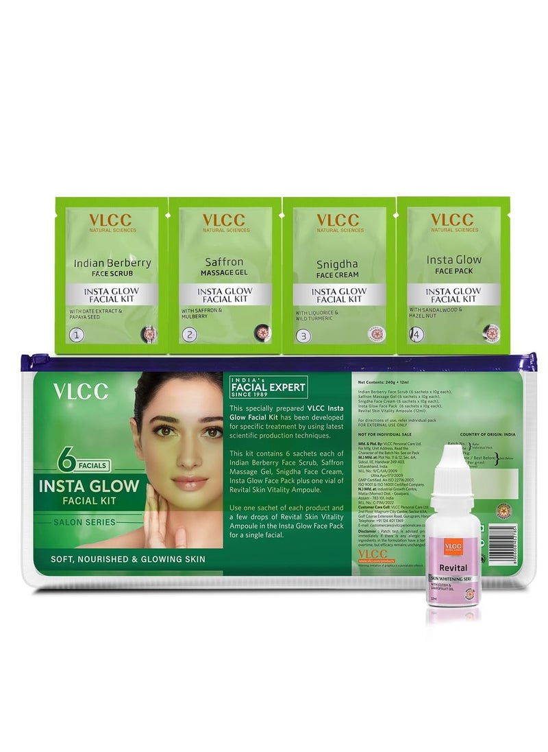 VLCC Salon Series Insta Glow Facial Kit (6 Facials) - 240g + 12ml | Fights Premature Ageing | Youthful Glow Facial Kit with Saffron & Berberry | Anti-Microbial and Complexion Brightening