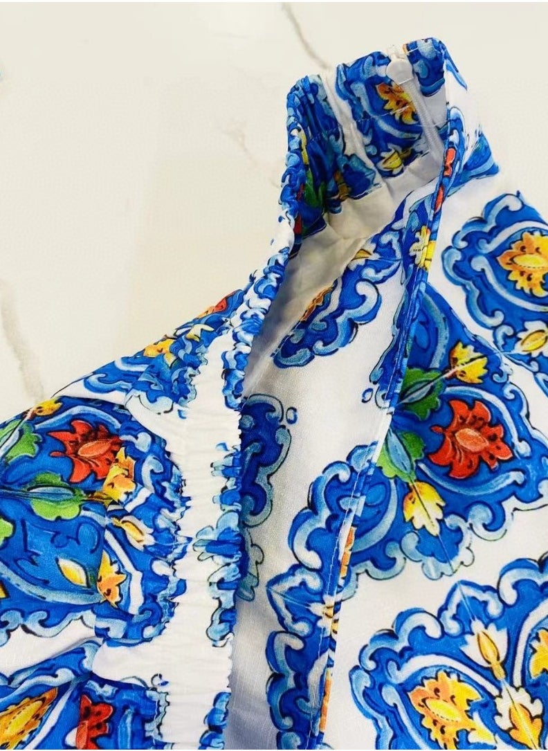 High end children's clothing 2024 summer new girl's T-shirt+half skirt 2-piece set of girl's blue flower set