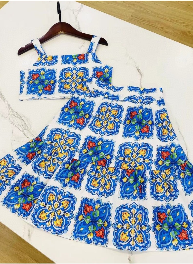 High end children's clothing 2024 summer new girl's T-shirt+half skirt 2-piece set of girl's blue flower set