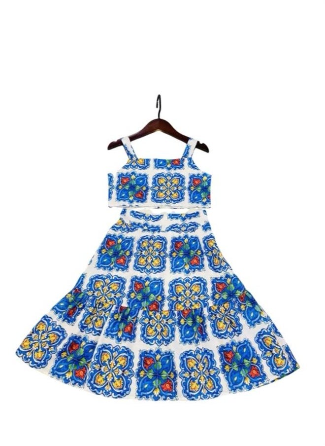 High end children's clothing 2024 summer new girl's T-shirt+half skirt 2-piece set of girl's blue flower set