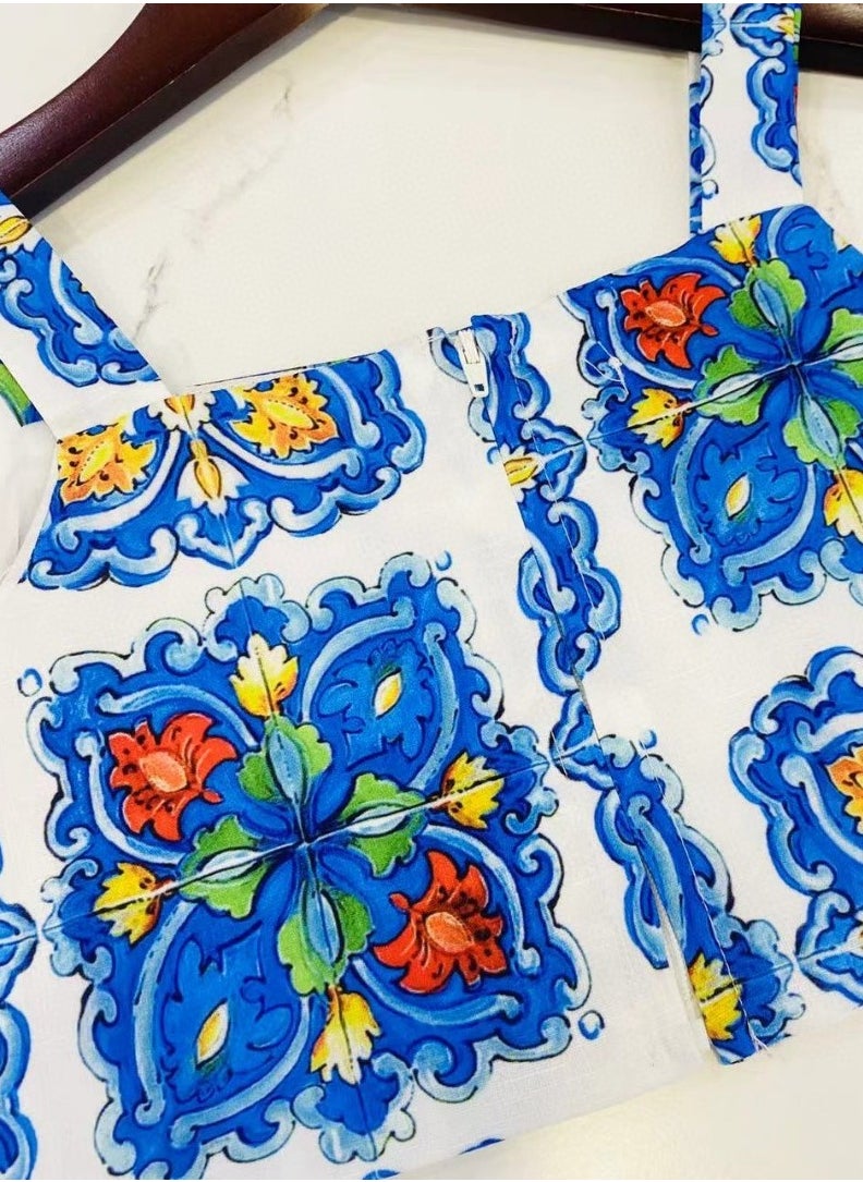 High end children's clothing 2024 summer new girl's T-shirt+half skirt 2-piece set of girl's blue flower set