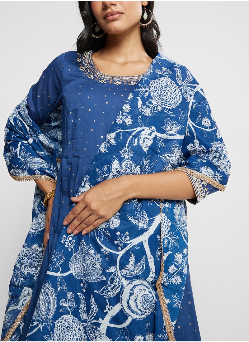 Printed Kurta, Palazo & Dupatta Set