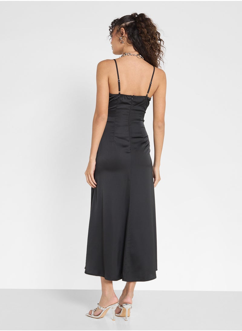 Strappy Satin Dress With Ruffle Detail