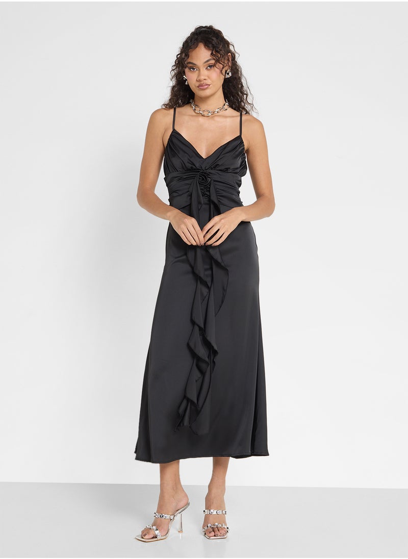 Strappy Satin Dress With Ruffle Detail