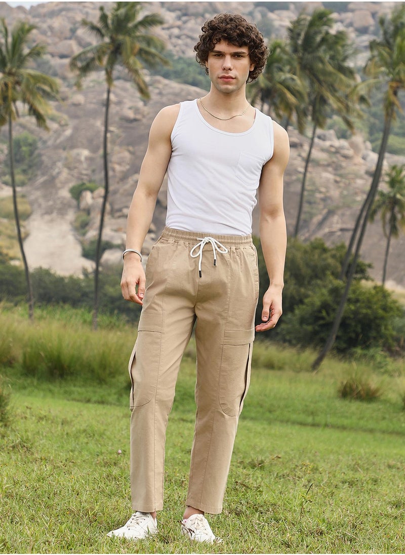 Men's Khaki Brown Solid Utility Trousers