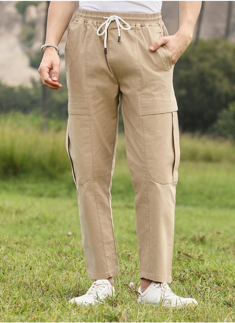 Men's Khaki Brown Solid Utility Trousers