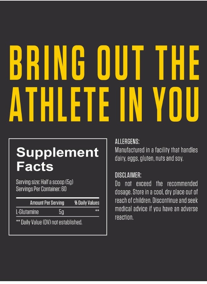 L-Glutamine Powder – 300g (10.58oz) Unflavoured, 60 Servings – Workout Recovery & Muscle Hydration Supplement