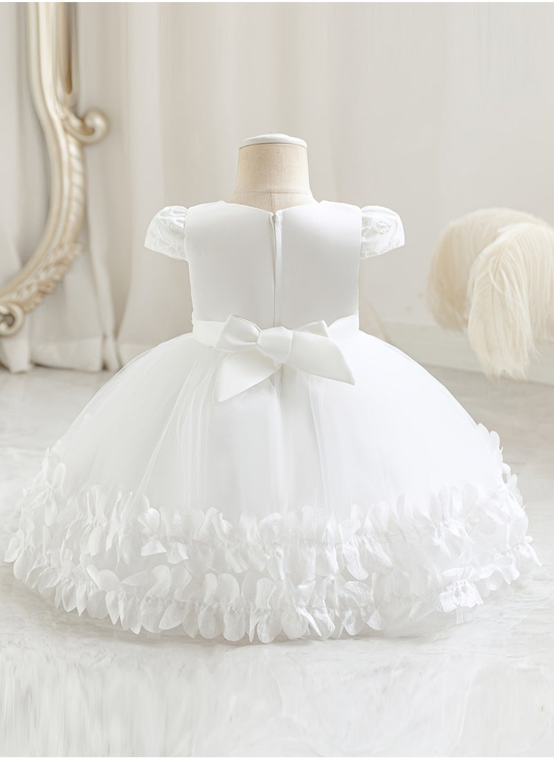 Embroidery Mesh Splicing Princess Dress Flower Decor Cap Sleeve Gown, Toddler Girl's Clothing For Formal Occasion Birthday Party Eid Festival Photography Banquet (White)