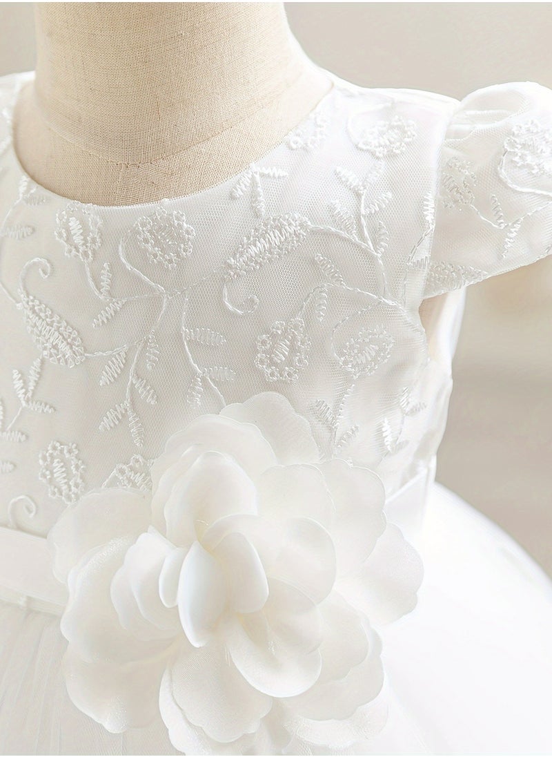 Embroidery Mesh Splicing Princess Dress Flower Decor Cap Sleeve Gown, Toddler Girl's Clothing For Formal Occasion Birthday Party Eid Festival Photography Banquet (White)