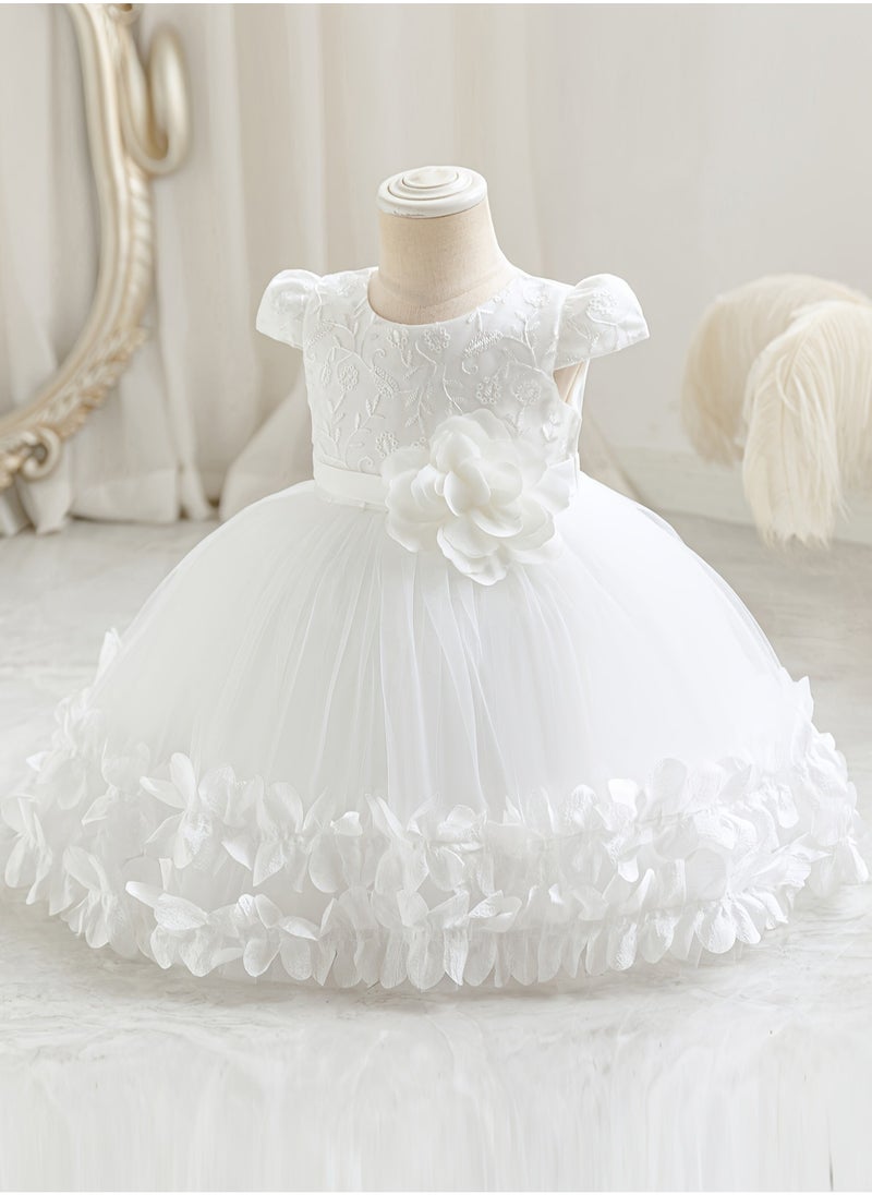 Embroidery Mesh Splicing Princess Dress Flower Decor Cap Sleeve Gown, Toddler Girl's Clothing For Formal Occasion Birthday Party Eid Festival Photography Banquet (White)