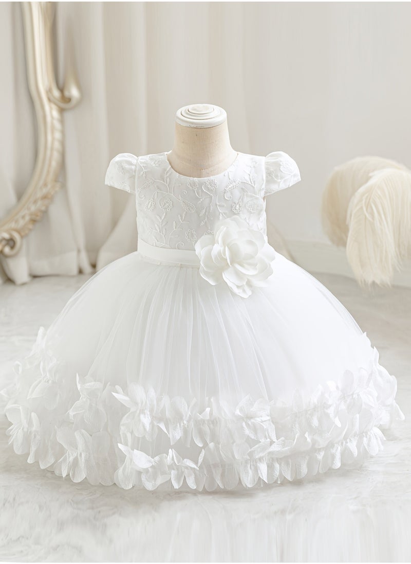 Embroidery Mesh Splicing Princess Dress Flower Decor Cap Sleeve Gown, Toddler Girl's Clothing For Formal Occasion Birthday Party Eid Festival Photography Banquet (White)