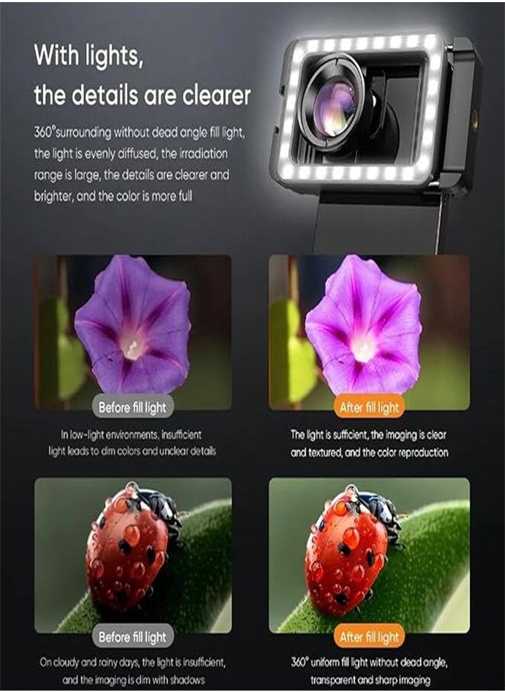 New upgraded version, 4K HD 100mm macro lens, universal clip-on macro lens for all smartphones with fill light, suitable for nails eyelashes jewelry