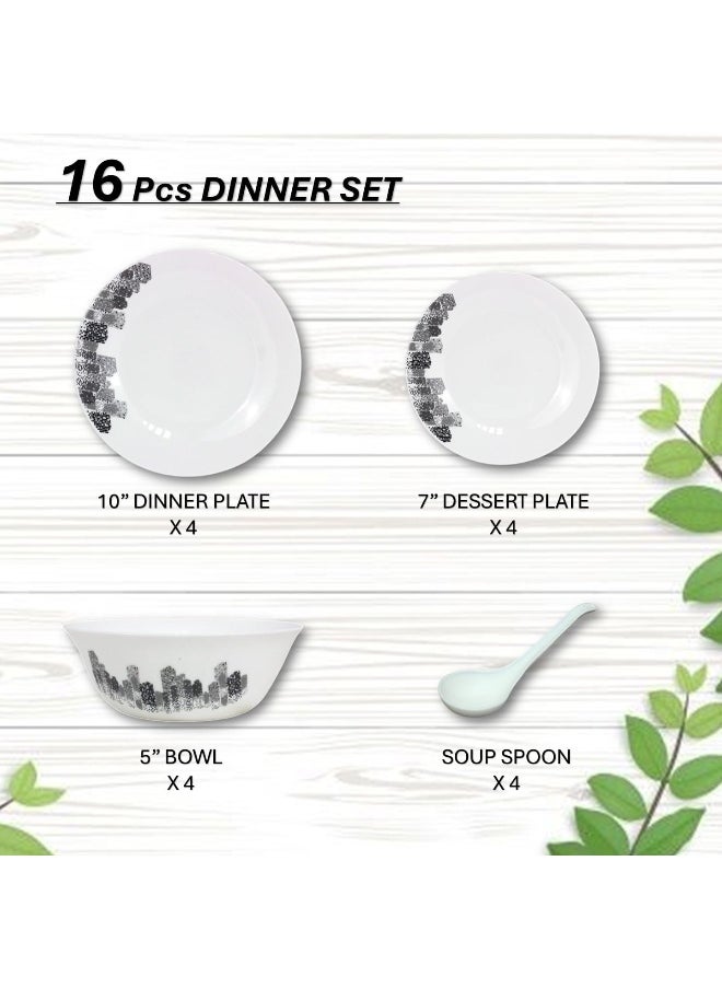 16-Piece Opalware Dinner Set With 4X 25 Cm Dinner Plate, 4X18 Cm Desert Plate, 4 X 13 Cm Soup Bowl, 4 X Soup Spoon, Serves 4, White