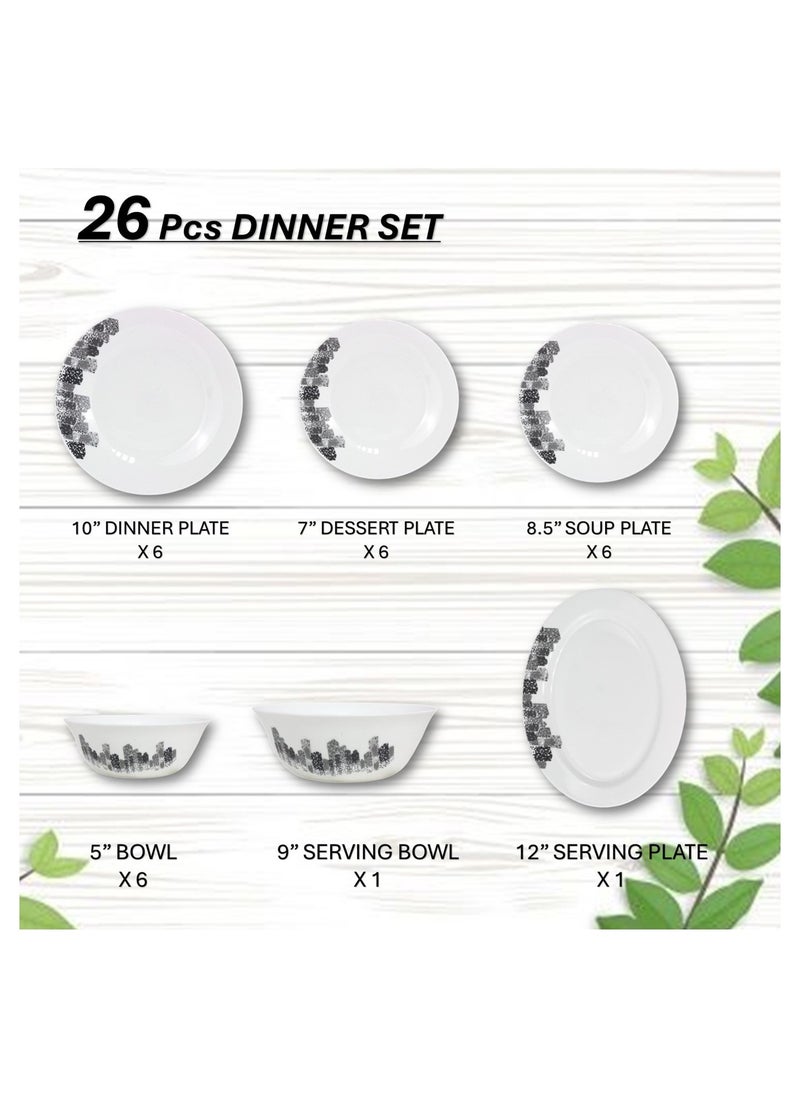 Melrich 26 Pcs Opal ware Dinner set Dishwasher safe Microwave safe Freezer safe 6 Dinner set 6 Dessert plate 6 Soup plate 6 Bowl 1 Large Bowl 1 Serving Plate BPA free