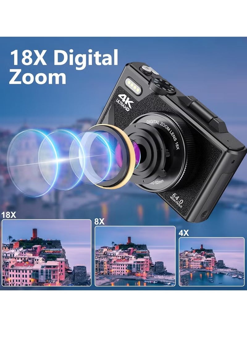 4K Digital Camera, 64MP UHD Autofocus Vlogging Camera, Compact Travel Camera With 18x Zoom, Outdoor Sports Camera For Photography And Videography, (1pc, White)