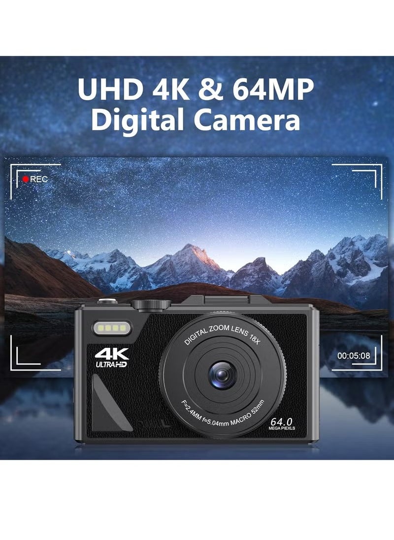 4K Digital Camera, 64MP UHD Autofocus Vlogging Camera, Compact Travel Camera With 18x Zoom, Outdoor Sports Camera For Photography And Videography, (1pc, White)