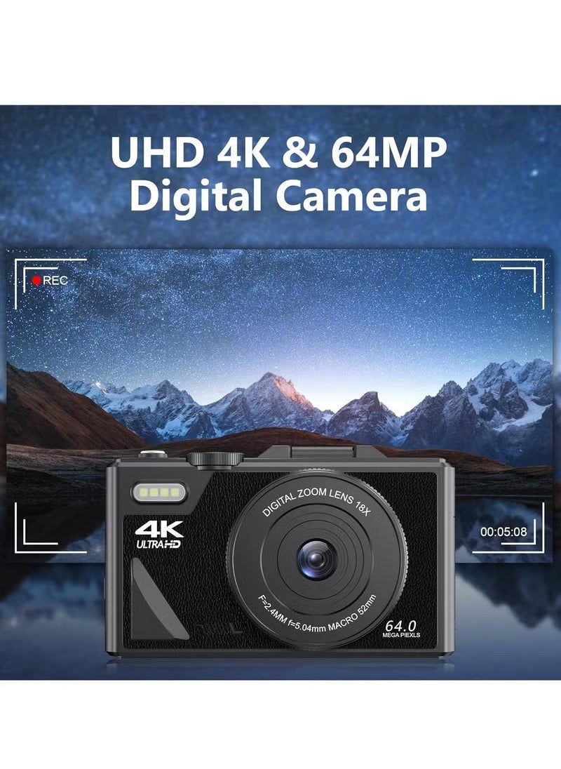 4K Digital Camera, 64MP UHD Autofocus Vlogging Camera, Compact Travel Camera With 18x Zoom, Outdoor Sports Camera For Photography And Videography, (1pc, Black)