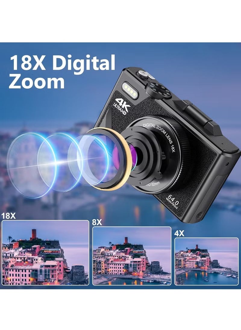 4K Digital Camera, 64MP UHD Autofocus Vlogging Camera, Compact Travel Camera With 18x Zoom, Outdoor Sports Camera For Photography And Videography, (1pc, Black)