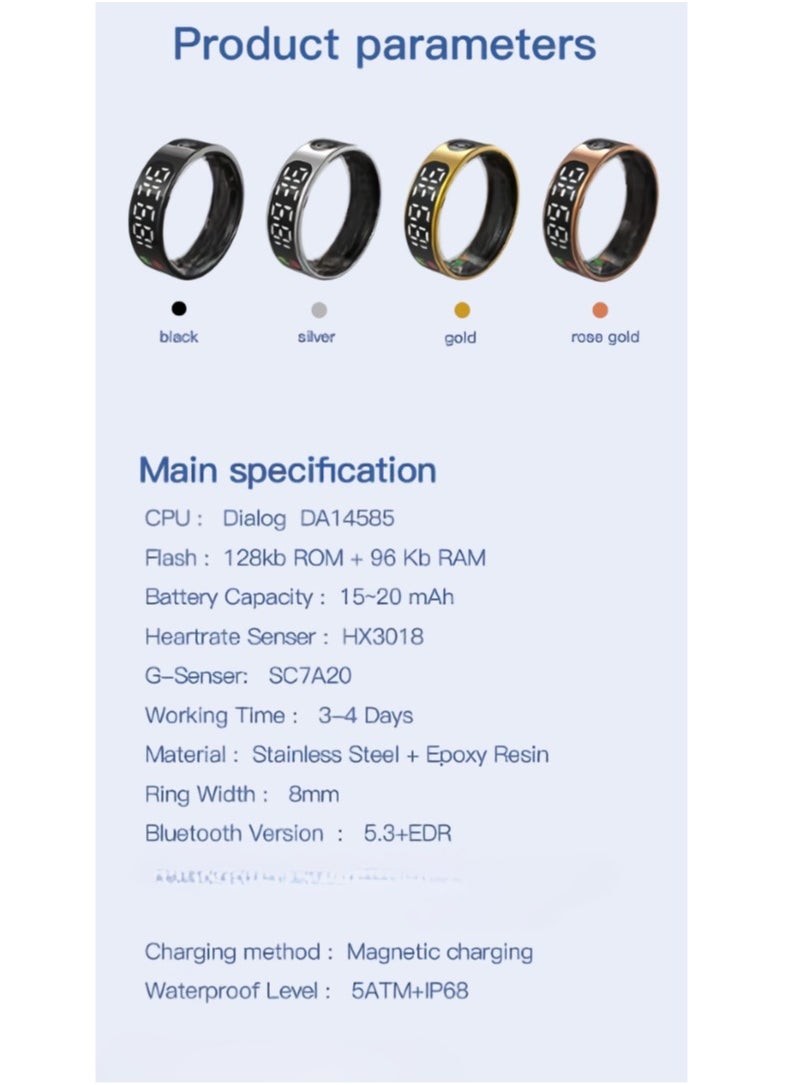 SR09 Smart Ring, Comfortable Rechargeable Fitness Tracker Ring, IP68 Waterproof Digital Display Smart Health Monitoring Ring, Lightweight Bluetooth Ring With Oxygen Heart Rate Sleep Monitoring, (Silver)