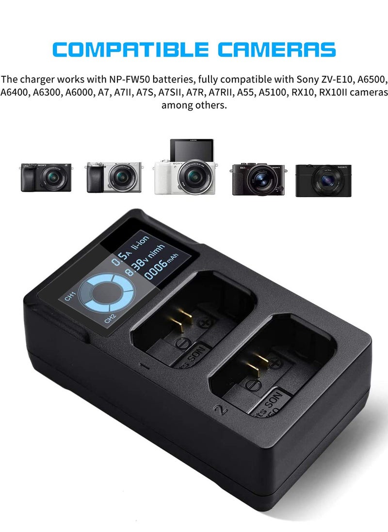 Dual Slot Battery Charger for Sony NP FW50 Batteries for Sony Alpha A6400, A6000, A6300, A6500, A5100, A7, A7II, A7RII, A7SII, A7S, A7S2, A7R, A7RII, A55, RX10 Camera Battery and More