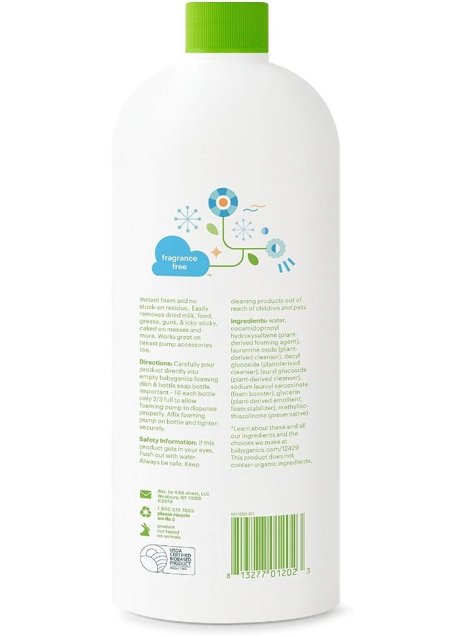 Babyganics Foaming Dish & Bottle Soap Refill, Fragrance Free, Plant-Derived Cleaning Power, Removes Dried Milk, 32 Fl Oz (Pack of 2), Packaging May Vary