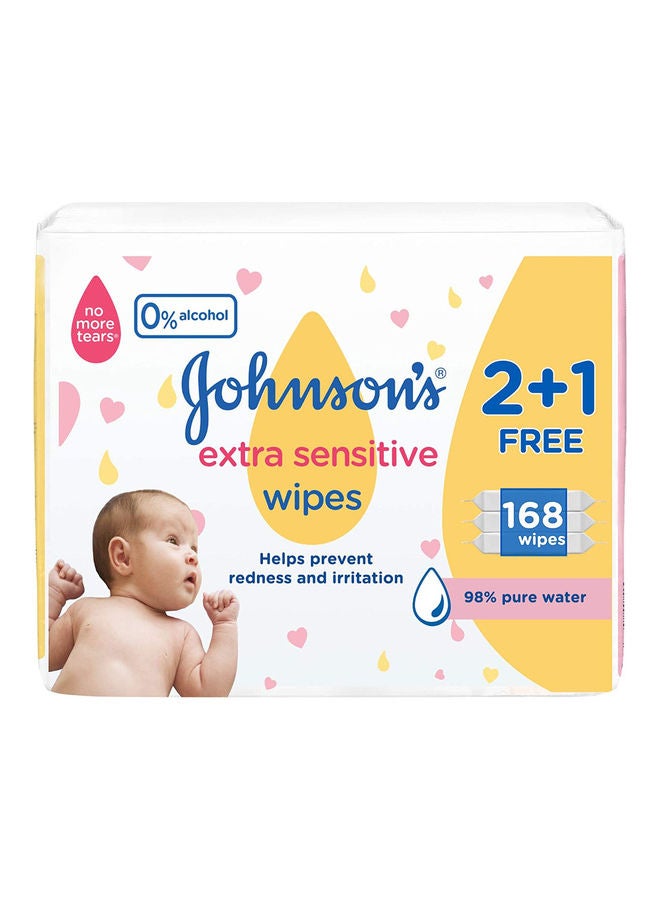 Baby Extra Sensitive Wipes With 98% Pure Water, 2+1 Packs of 56 Wipes, 168 count