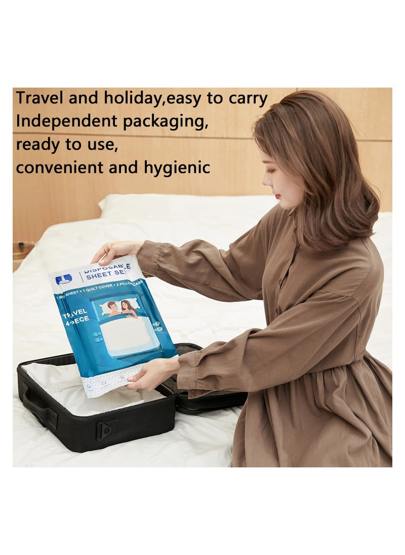 Two Sets of Disposable Bed Sheets, Quilt Cover and Pillow case Set for Travel, Portable Disposable Sheet Ready to use Disposable Bedding Set (Travel 4-Piece Double) 2 Sets