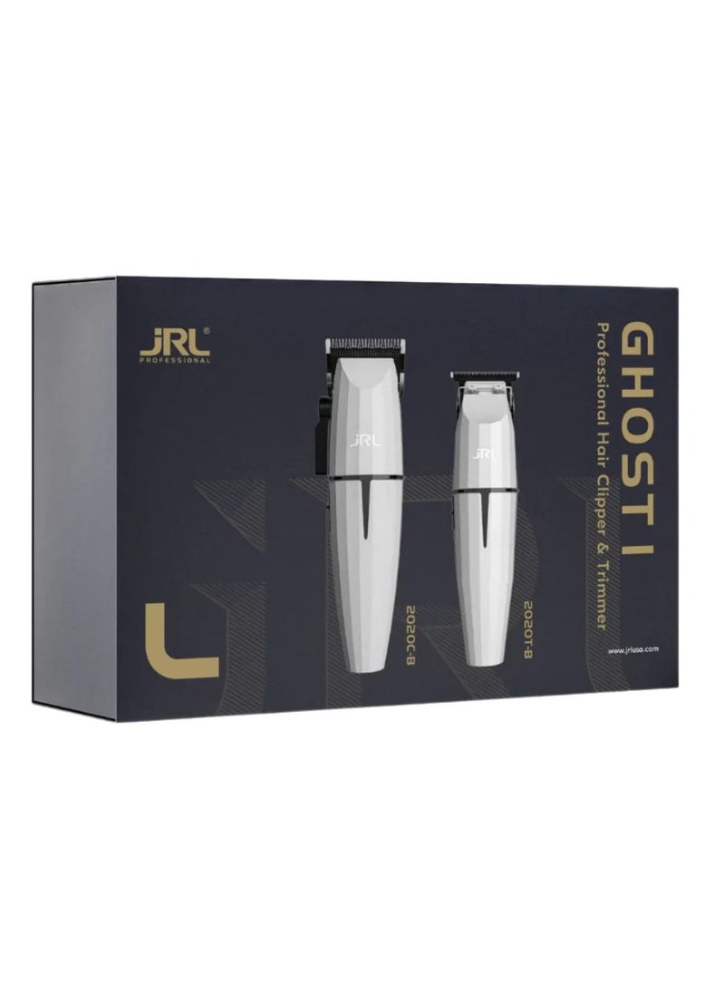 JRL Ghost Collection #1 | 2020C-B, 2020T-B | Professional Hair Clipper & Trimmer Set | Cordless, Ultra-Quiet, Fade Blade Technology, Long Battery Life | Barber & Salon-Grade Grooming Kit | White