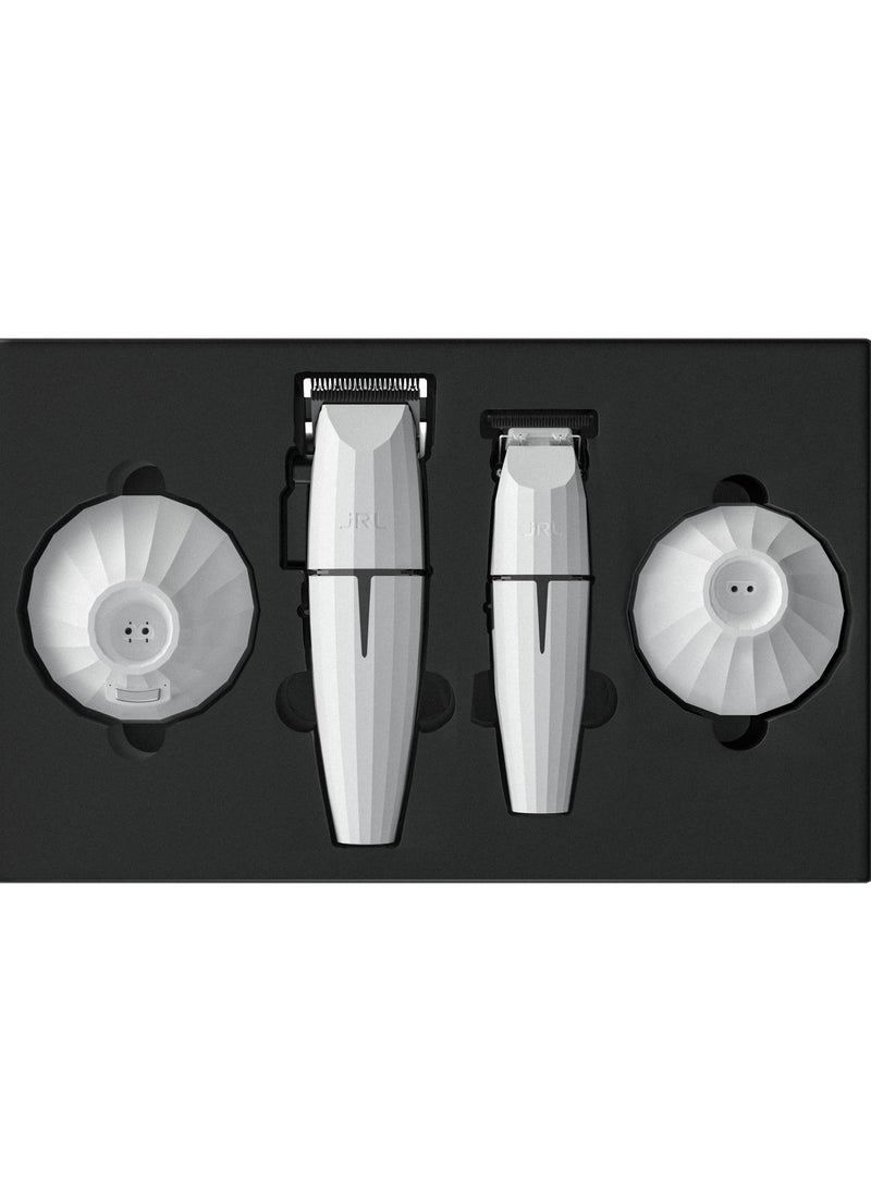 JRL Ghost Collection #1 | 2020C-B, 2020T-B | Professional Hair Clipper & Trimmer Set | Cordless, Ultra-Quiet, Fade Blade Technology, Long Battery Life | Barber & Salon-Grade Grooming Kit | White